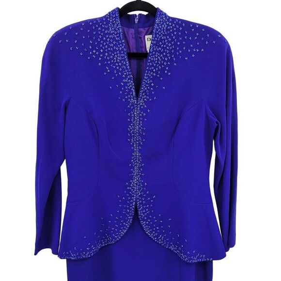 Vintage 80's Daymor Couture Gown 6 Blue Peplum Beaded Front Slit Modest Sexy - Picture 5 of 17